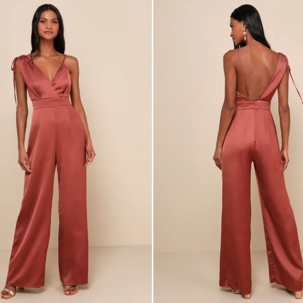Lulus Look of Luxe Rusty Rose Satin Asymmetrical Wide-Leg Jumpsuit (Small, Rose)